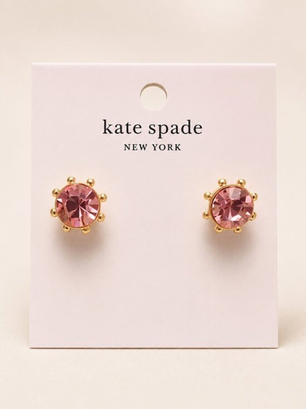 Kate Spade New York Rose Pink Crystal Stud Earrings Gold Tone Prong Set NWT
